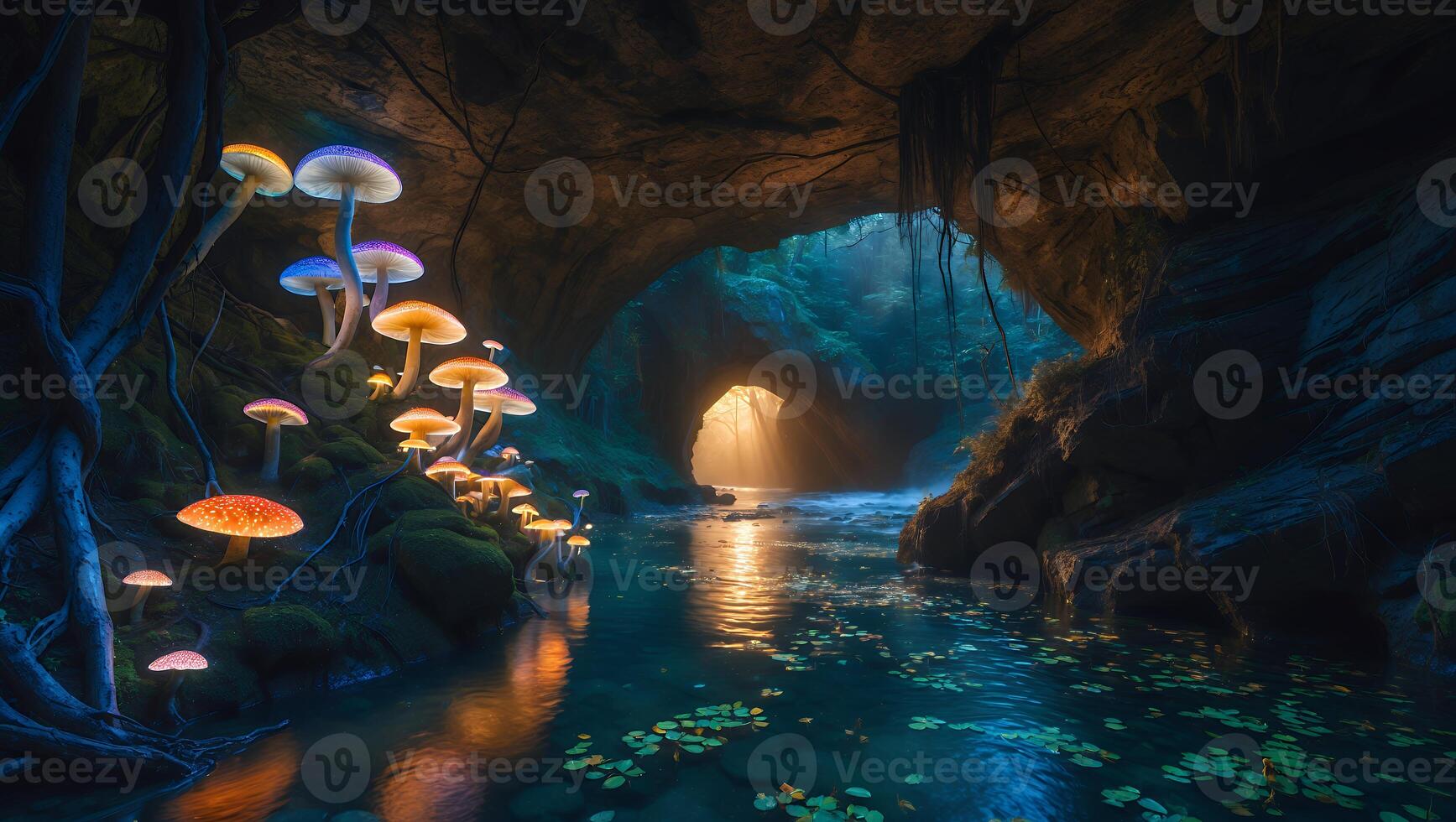 Enchanted cave with glowing mushrooms illuminating a serene river, surrounded by lush greenery and soft light photo