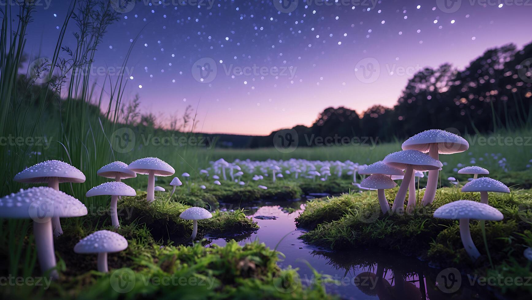 Enchanted forest scene with luminous mushrooms by a tranquil stream under a starry twilight sky photo