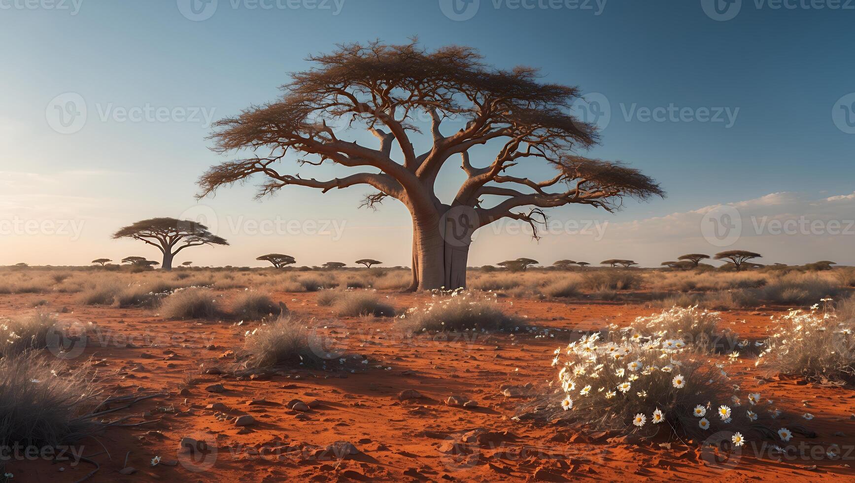 Majestic baobab trees stand tall in a vibrant desert landscape, with wildflowers blooming in the foreground photo