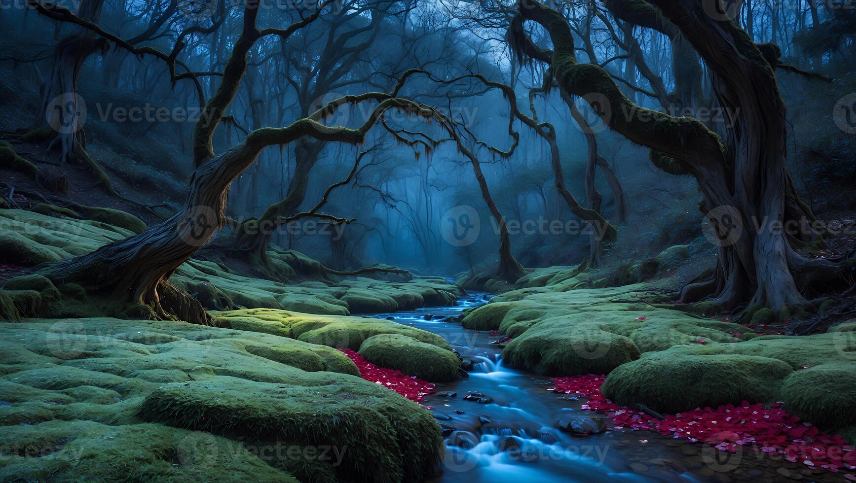 Enchanted forest with twisted trees and a serene stream, illuminated by soft moonlight at dusk photo