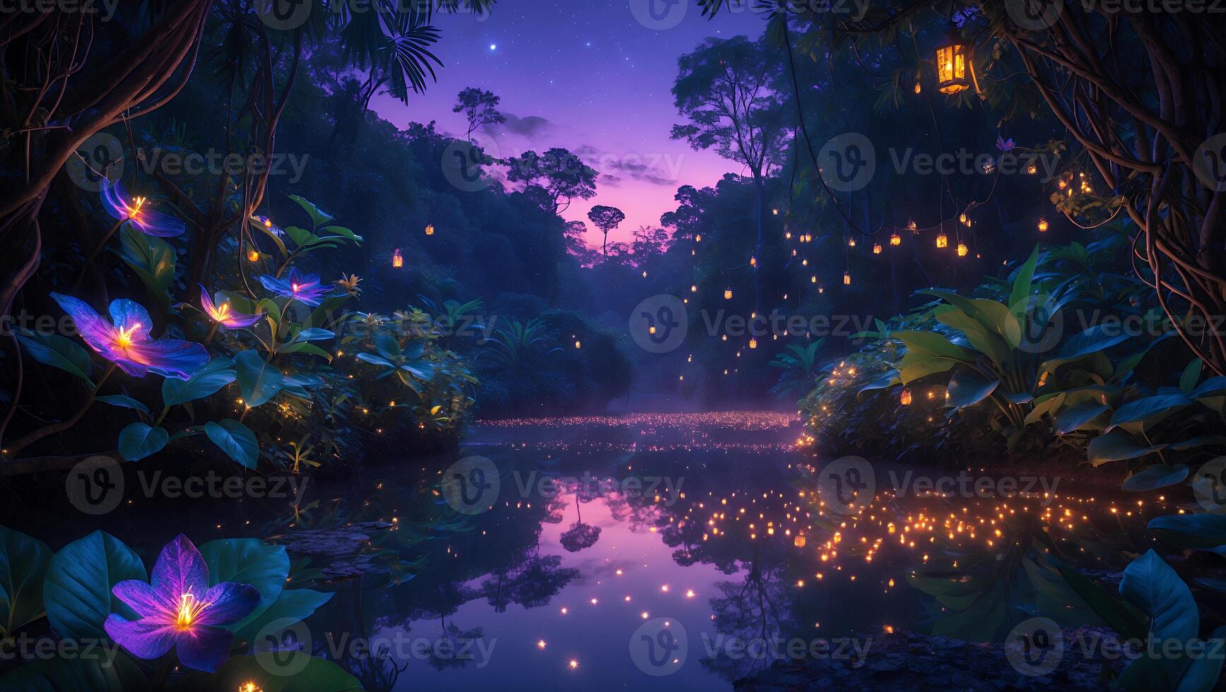 Serene twilight scene in a lush jungle with glowing lanterns reflecting on a tranquil river photo