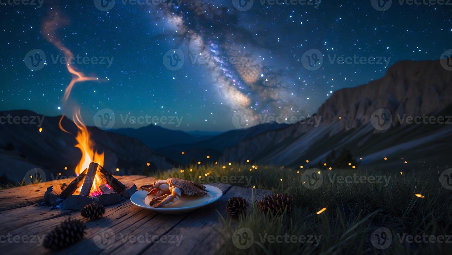 Nighttime campfire scene with grilled food on a plate, surrounded by mountains and starry sky photo