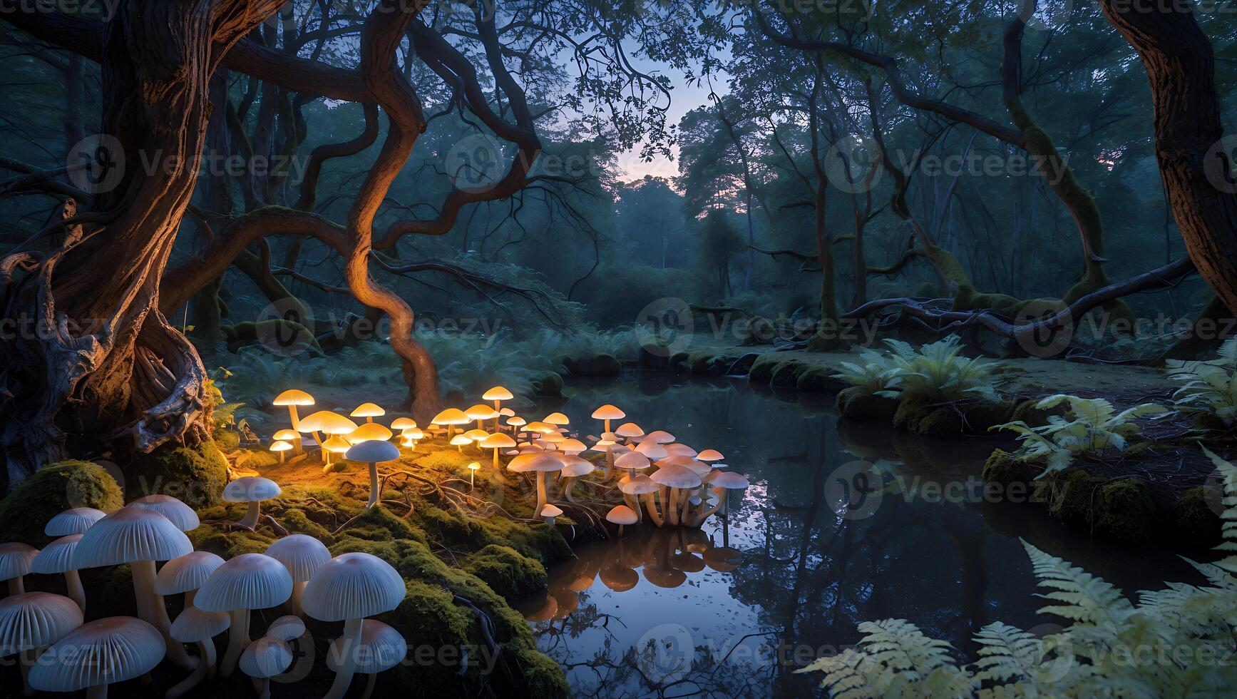 Enchanted forest scene at dusk with glowing mushrooms by a tranquil stream surrounded by trees photo