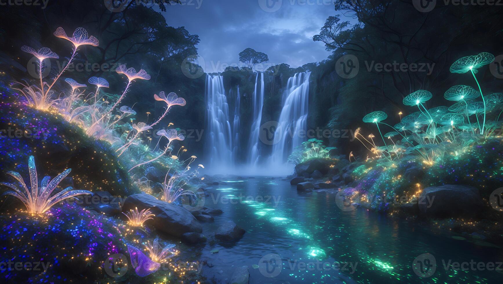 Enchanted waterfall scene with glowing flora and luminescent mushrooms under twilight sky photo