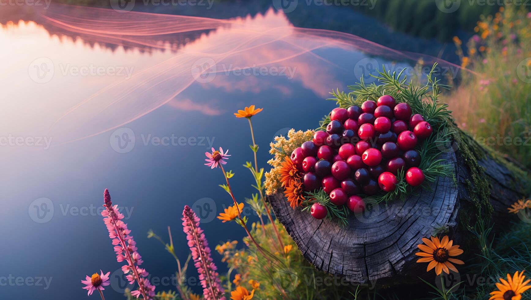 Freshly picked cherries and vibrant wildflowers on a log by a serene lake at sunset photo