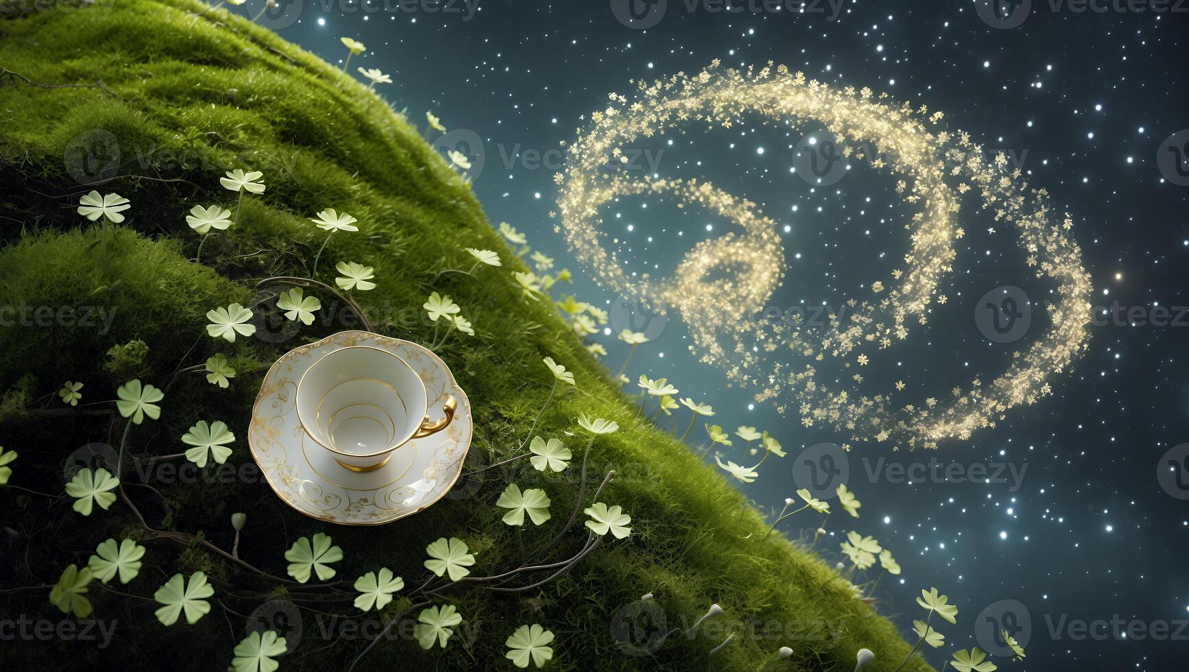 Enchanted teacup resting on a lush green hill surrounded by clovers under a starry sky photo