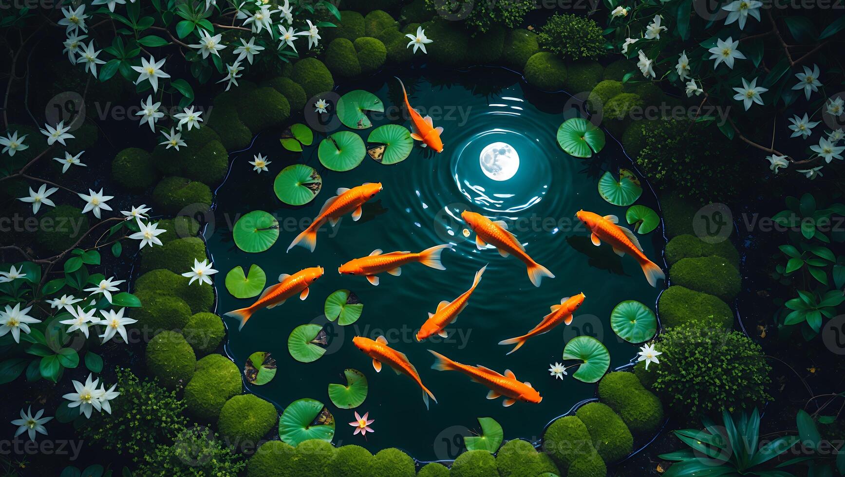 A serene pond filled with vibrant koi fish swimming among lily pads and flowers under a moonlit sky photo