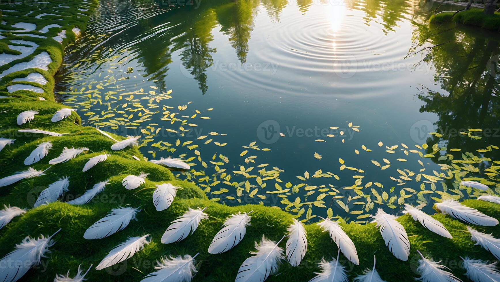 Serene pond with floating feathers and lily pads, surrounded by lush greenery and sunlight reflections photo