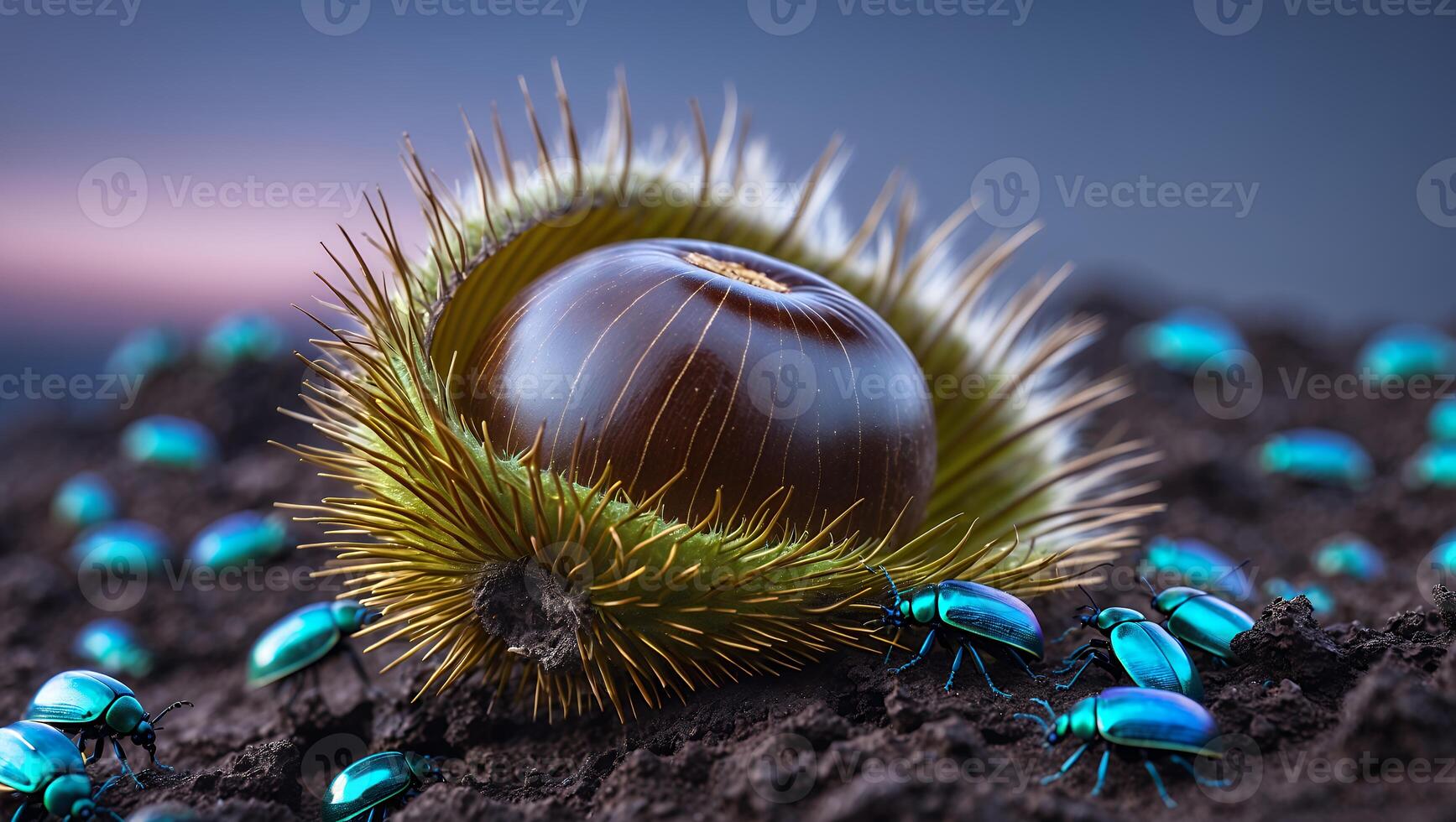 Close-up of a shiny, brown seed nestled in spiky green foliage, surrounded by vibrant blue beetles at dusk photo