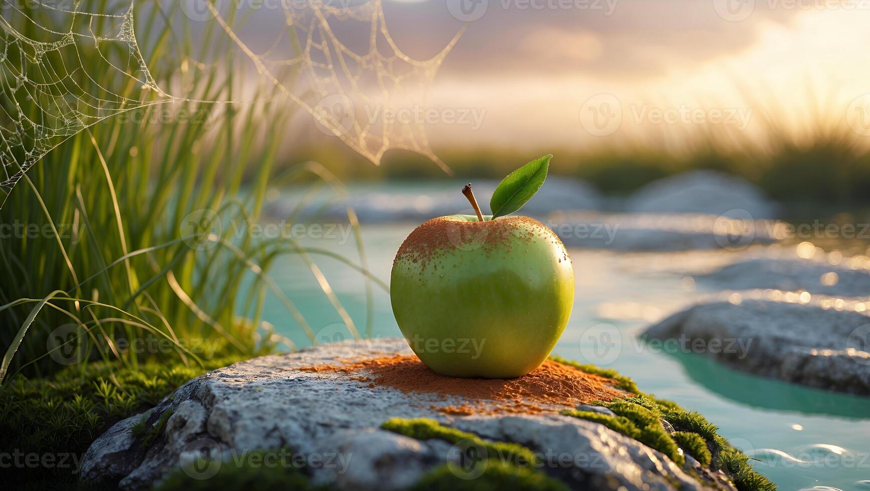 A vibrant green apple resting on a mossy stone by a tranquil pond, surrounded by lush grass and spider webs photo