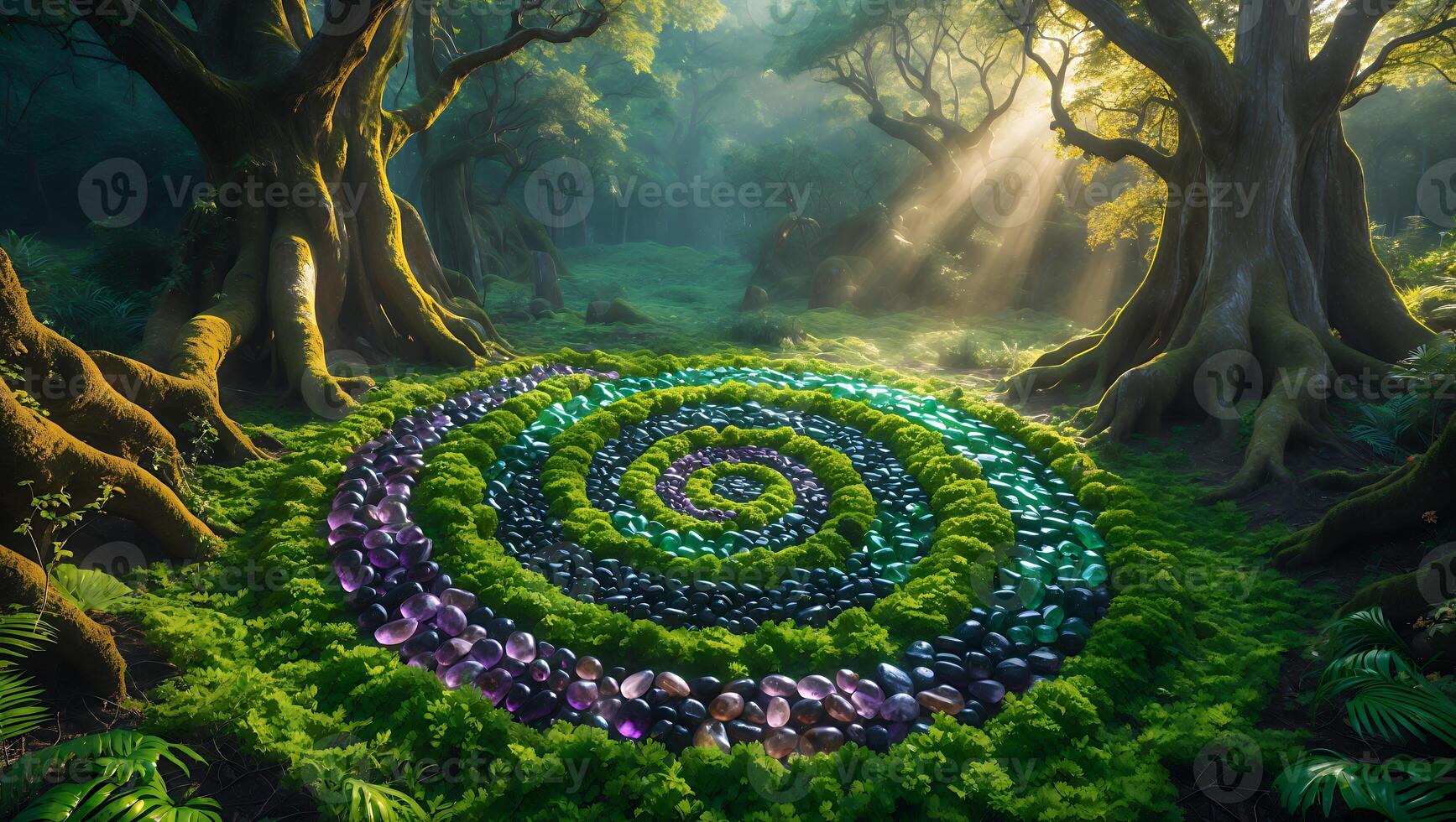 Serene forest scene with a spiral arrangement of colorful gemstones surrounded by lush greenery photo