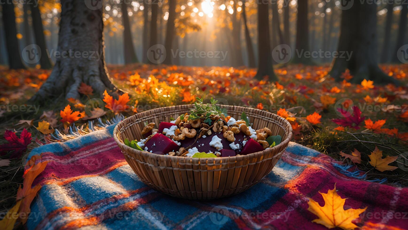 Colorful autumn picnic scene featuring a wooden bowl of salad on a plaid blanket in a forest photo