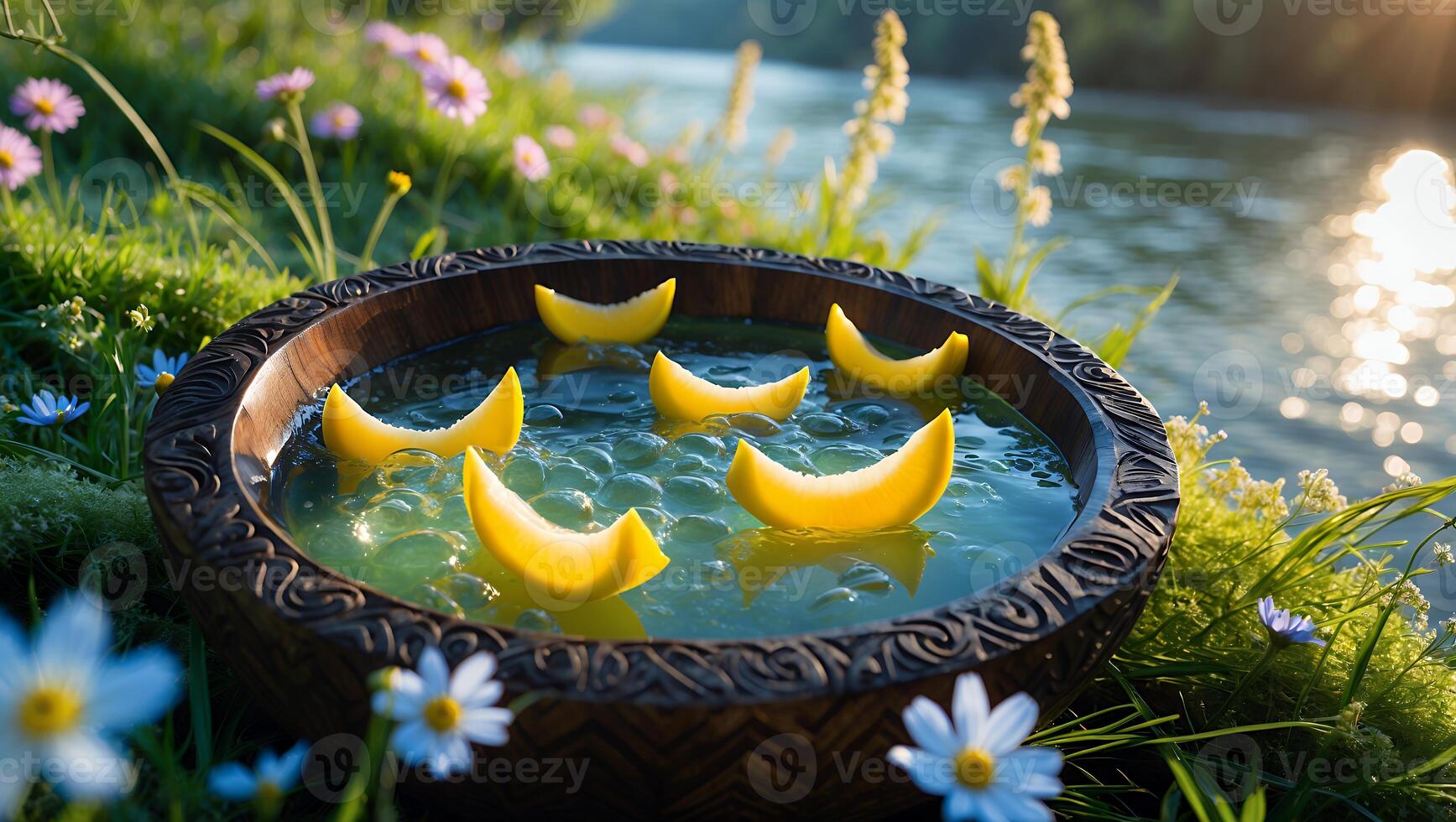 Refreshing summer beverage with lemon slices in a bowl beside a tranquil river, surrounded by flowers photo