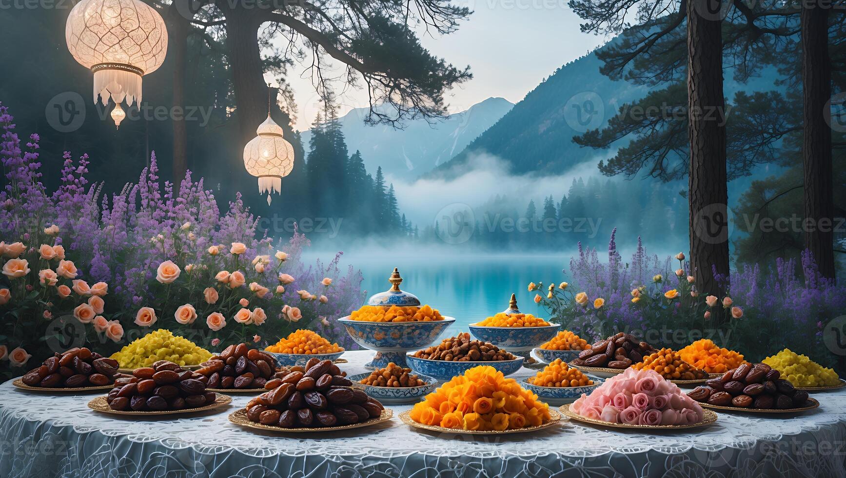 Colorful array of traditional sweets displayed on a table near a serene lake surrounded by mountains photo