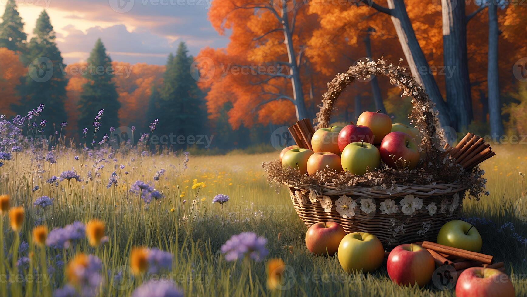 A vibrant autumn scene featuring a basket of fresh apples surrounded by colorful foliage and wildflowers photo