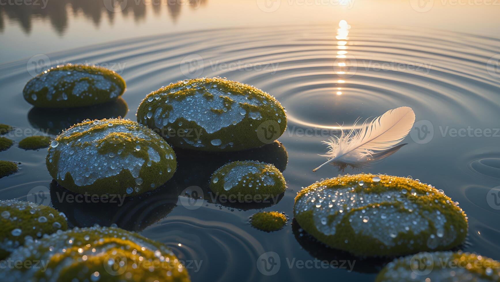 Serene morning scene featuring dew-covered mossy stones and a feather floating on calm water photo