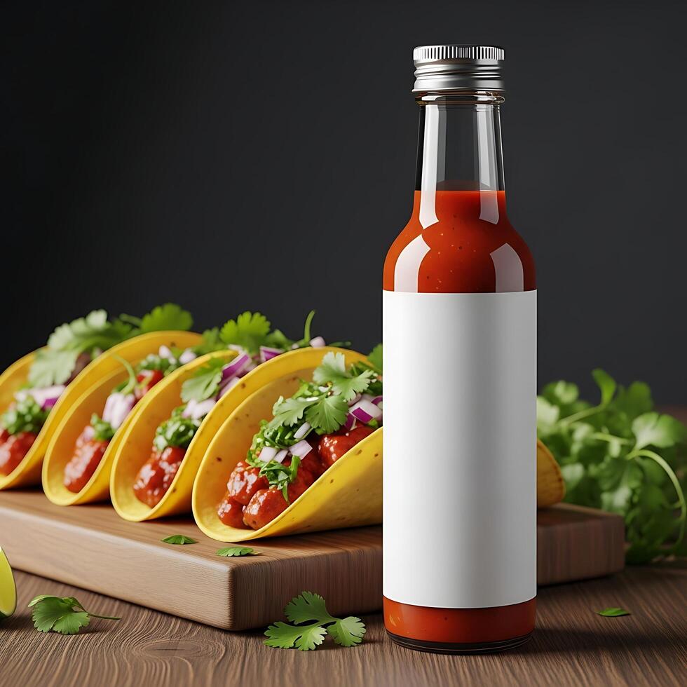 White Label Hot Sauce Bottle Mockup with Tacos and Herbs photo