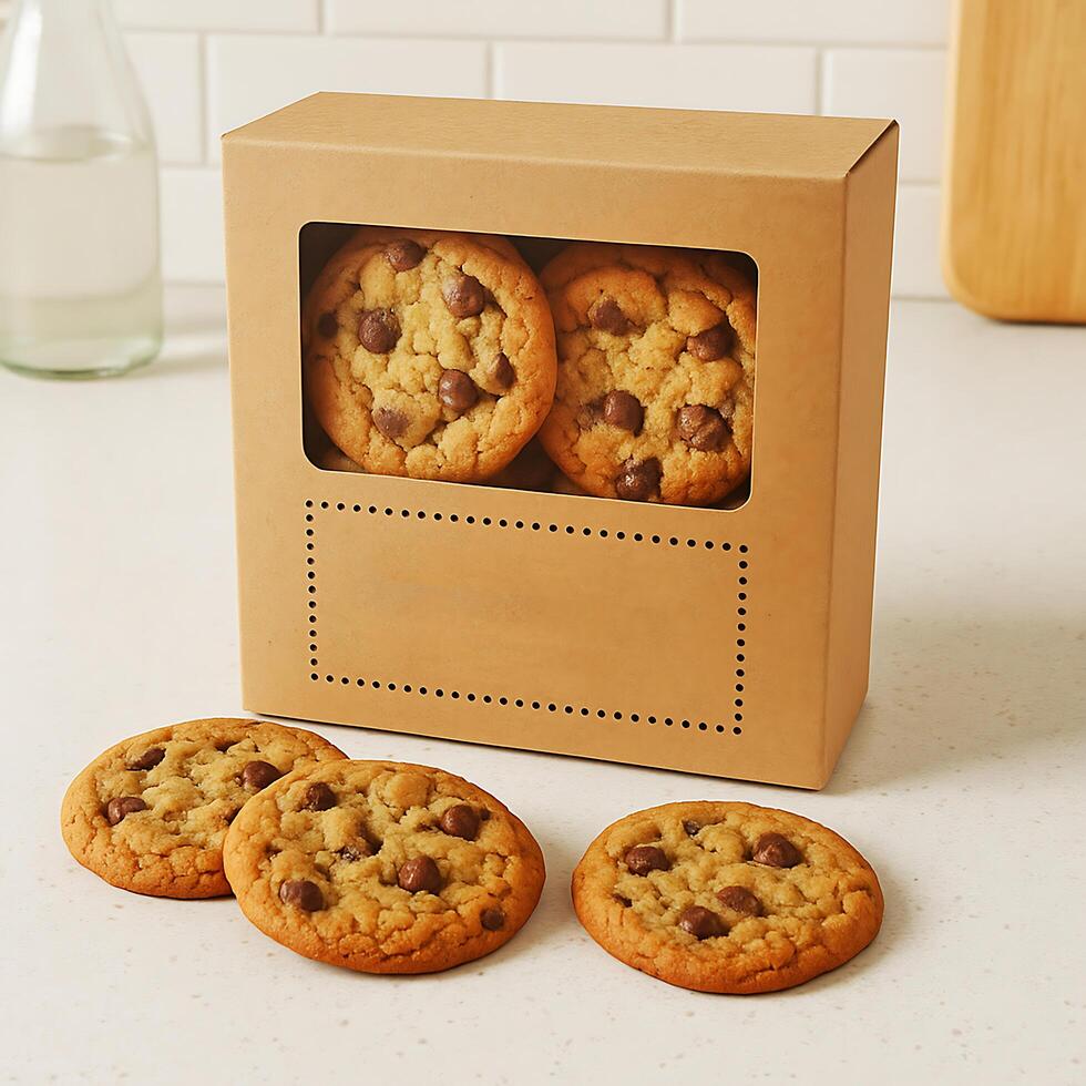 Kraft Paper Cookie Gift Box Mockup with Chocolate Chip Cookies photo