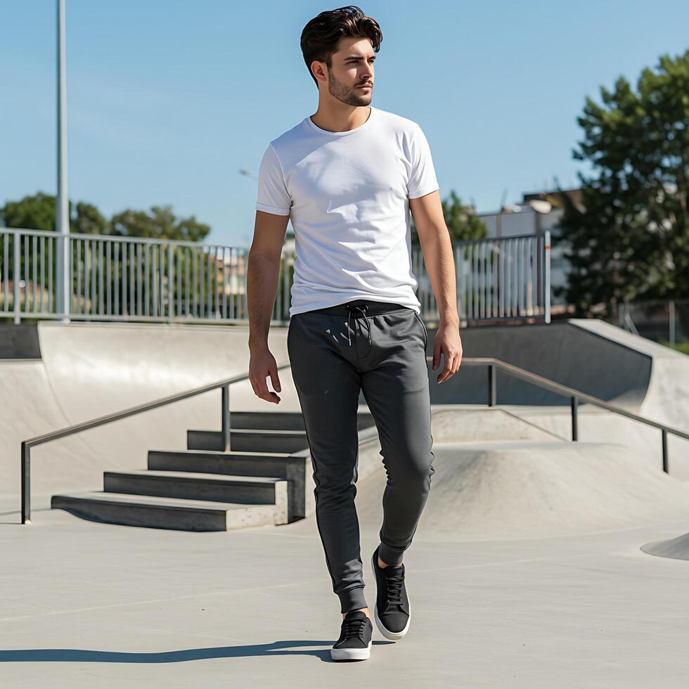 A Blank White T Shirt and Jogger Pants Mockup on Male Model in Skate Park photo