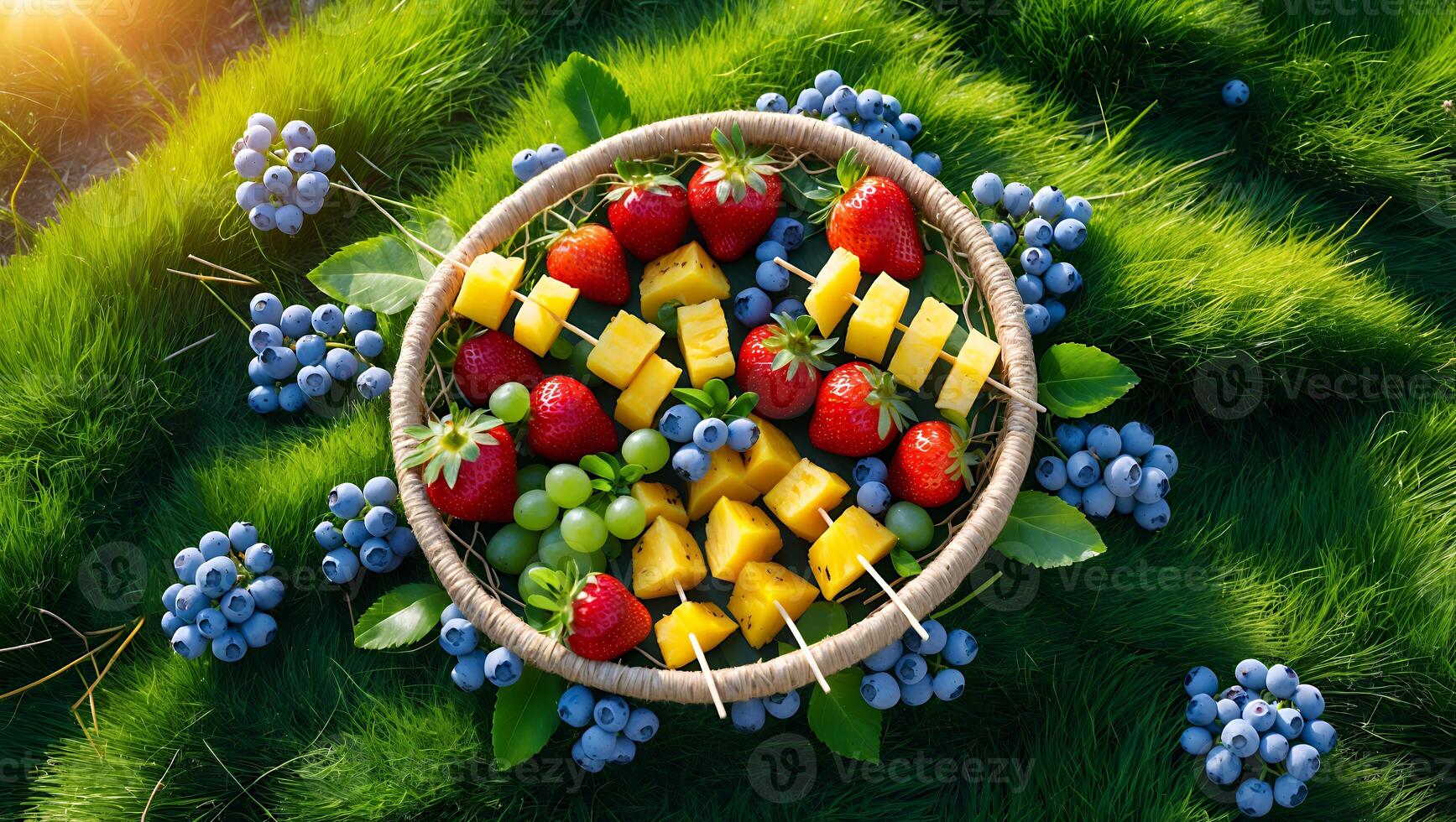 Colorful fruit platter featuring strawberries, blueberries, and pineapple skewers on vibrant grass photo