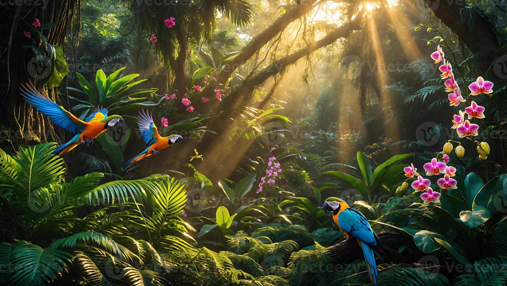 Vibrant tropical rainforest scene with colorful parrots flying amidst lush greenery and blooming orchids photo