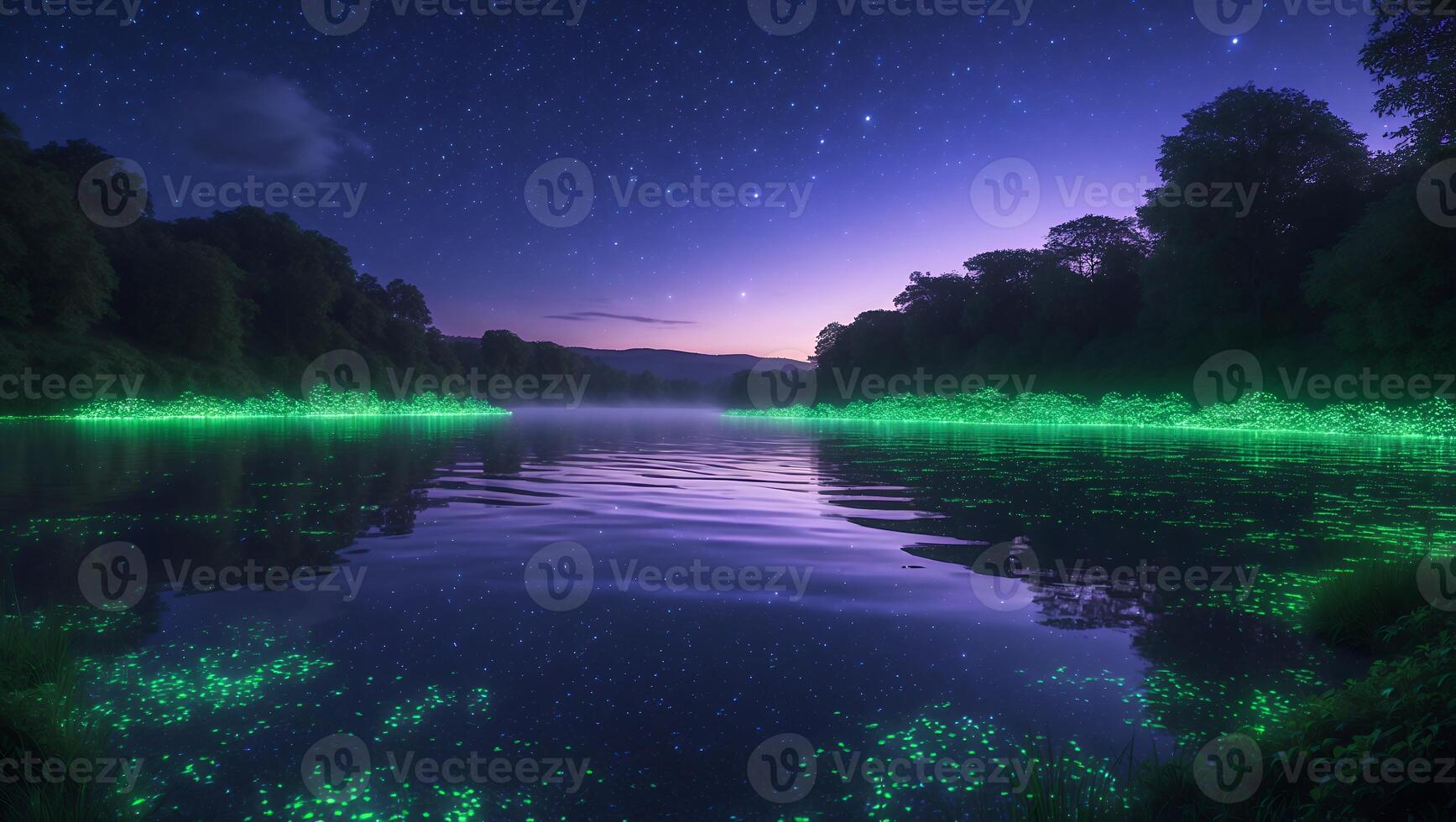 Serene night view of a glowing river under a starry sky, surrounded by lush trees and distant hills photo