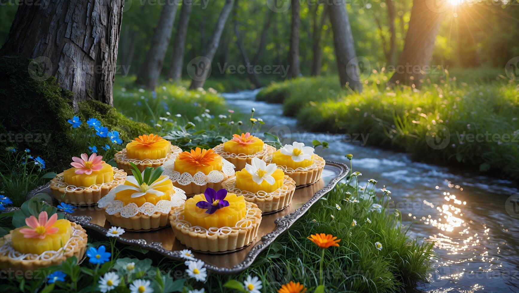 Colorful fruit tarts with flowers displayed on a tray beside a serene stream in a lush forest photo