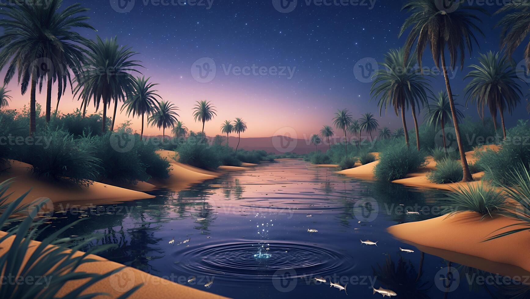 Serene desert oasis at twilight with palm trees reflecting on calm water, fish swimming peacefully photo