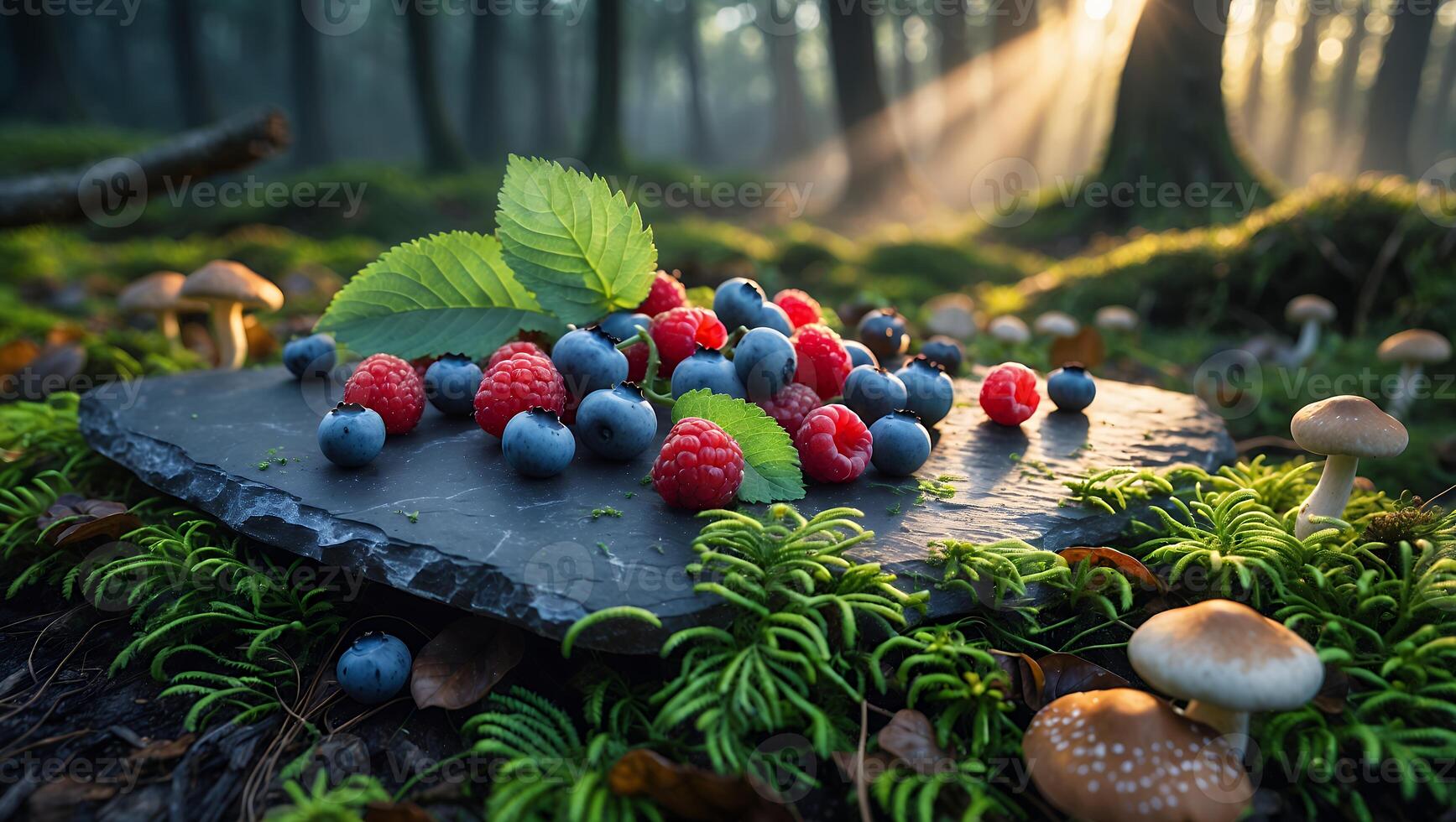 Fresh berries arranged on a slate stone in a serene forest setting with sunlight filtering through trees photo