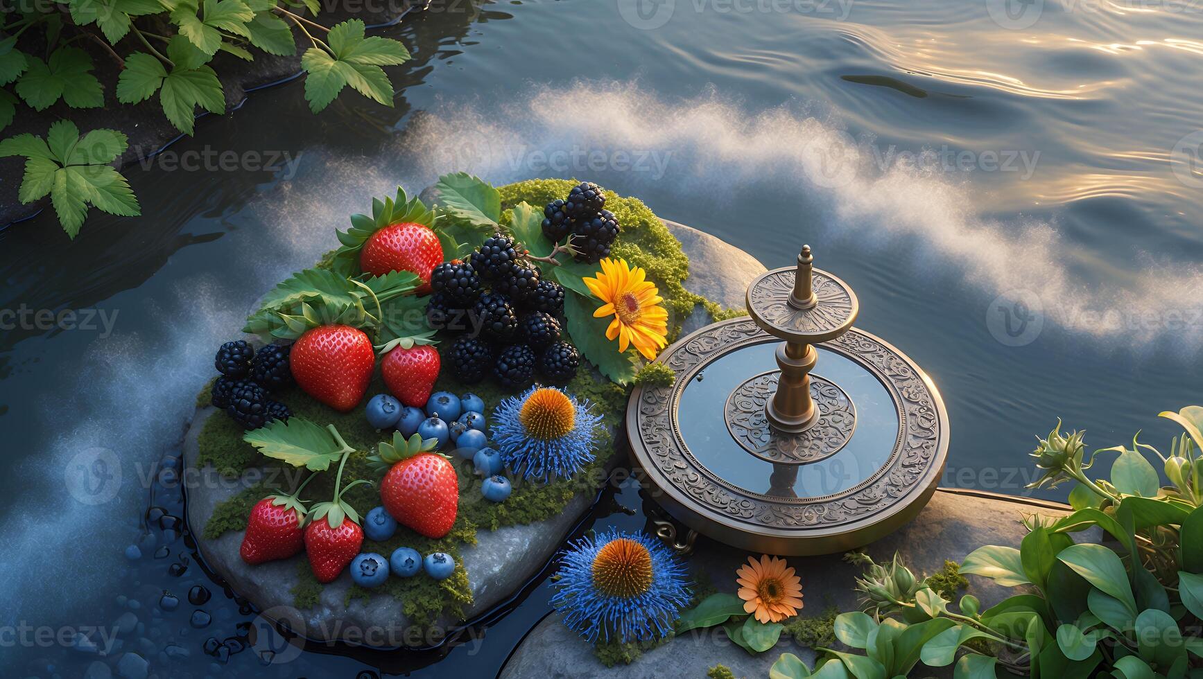 A serene arrangement of fresh fruits and flowers on a stone by the water's edge, with gentle waves photo