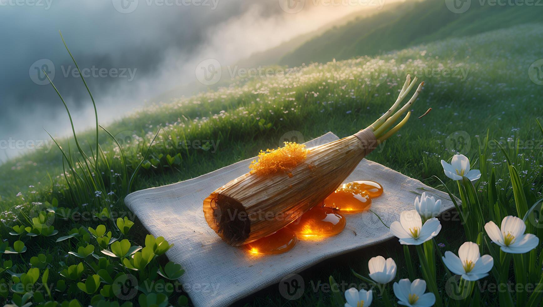 A beautifully arranged bamboo dish with honey and flowers set against a misty green landscape at dawn photo