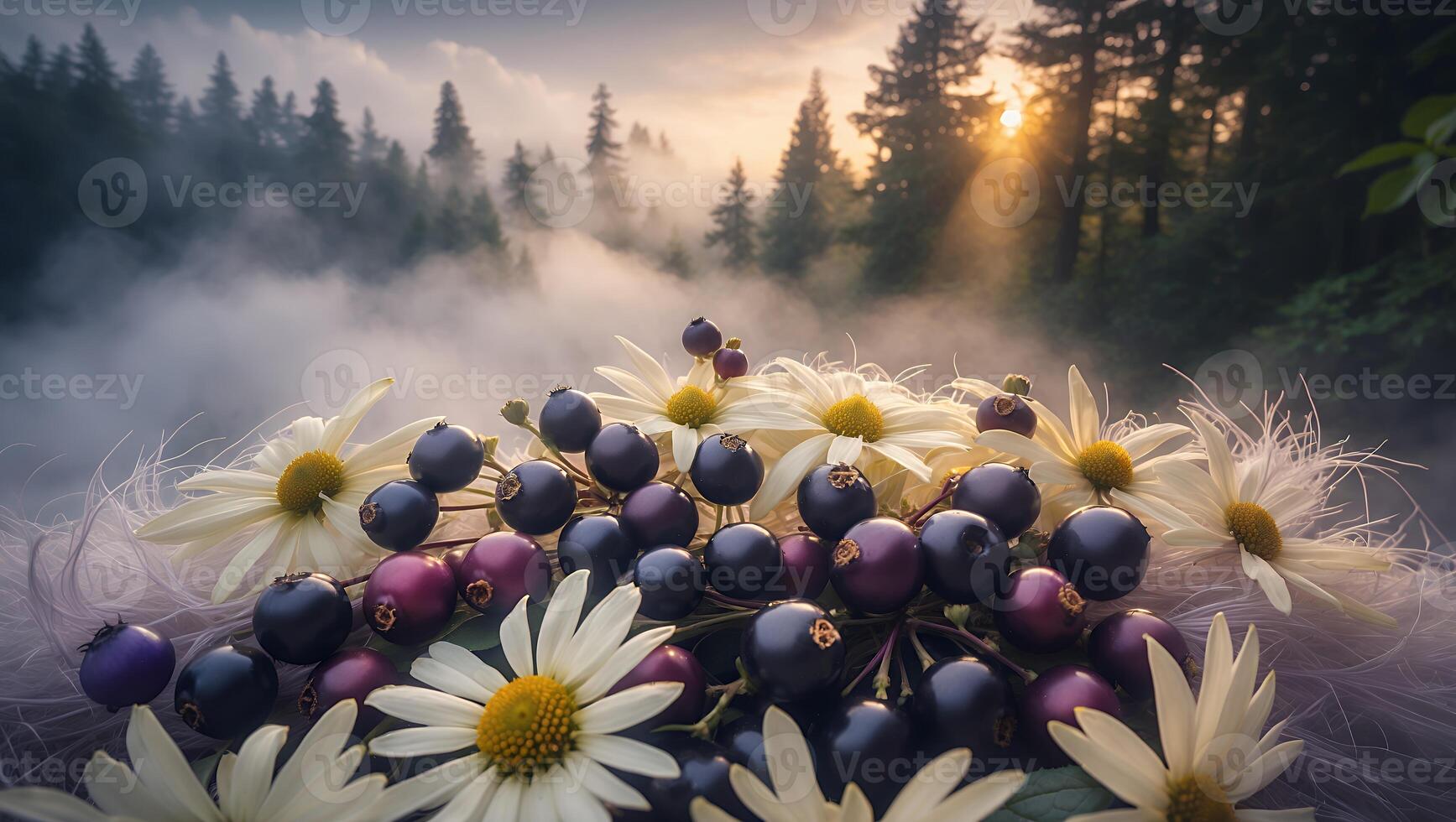 A vibrant bouquet of daisies and berries in a misty forest at sunrise, creating a serene atmosphere photo
