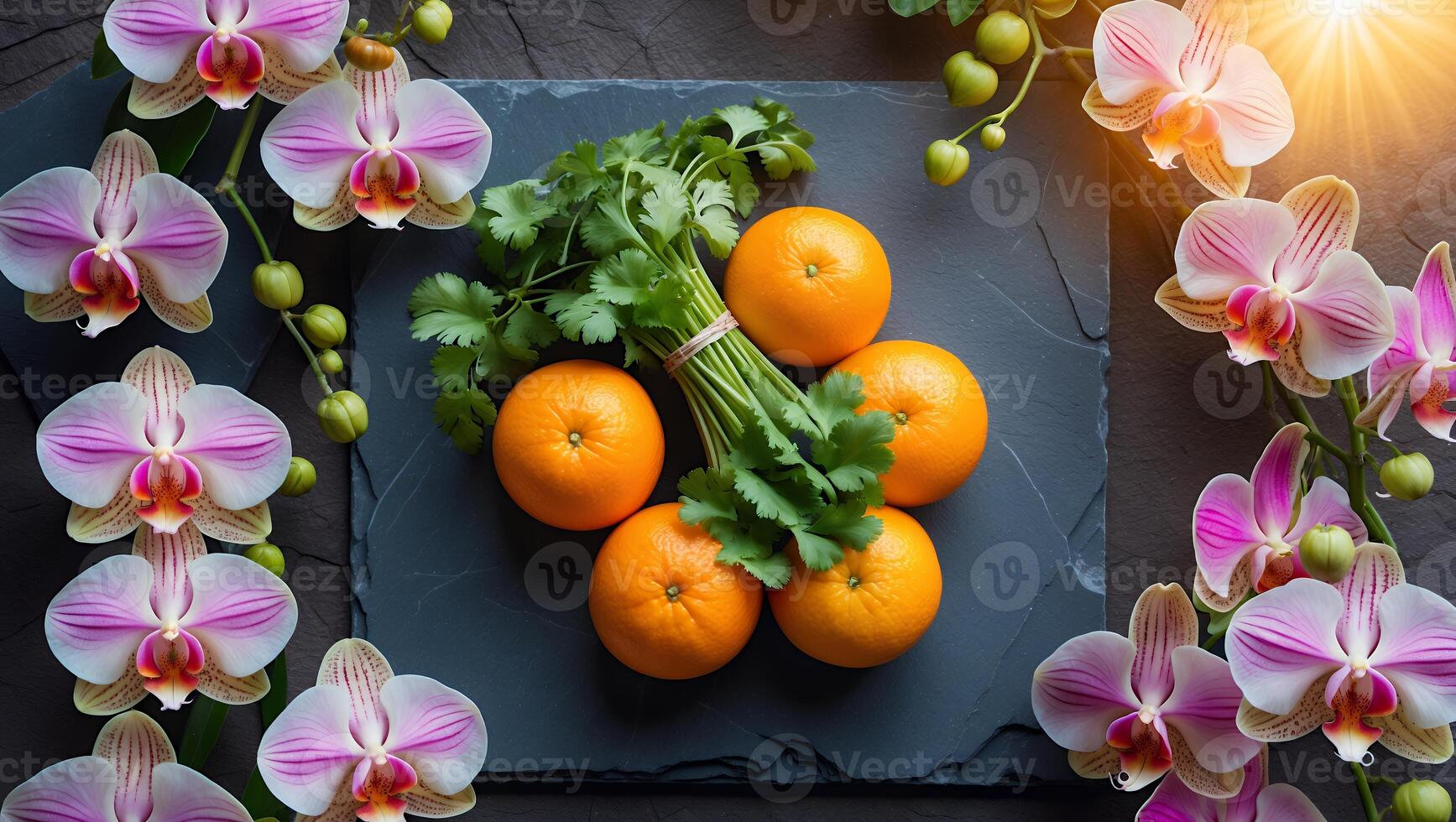 Fresh oranges and cilantro arranged on a slate surface, surrounded by vibrant orchids, evoking a lively kitchen scene photo
