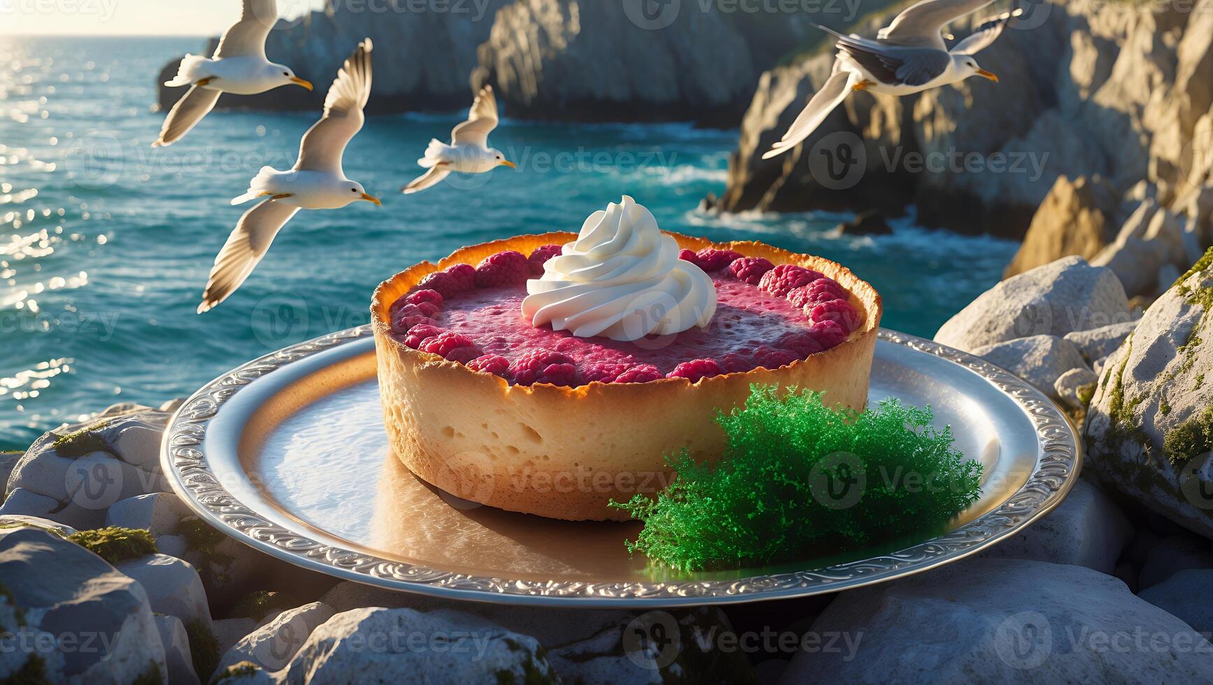 A beautiful cheesecake with whipped cream sits on a silver platter by the ocean, seagulls flying above photo
