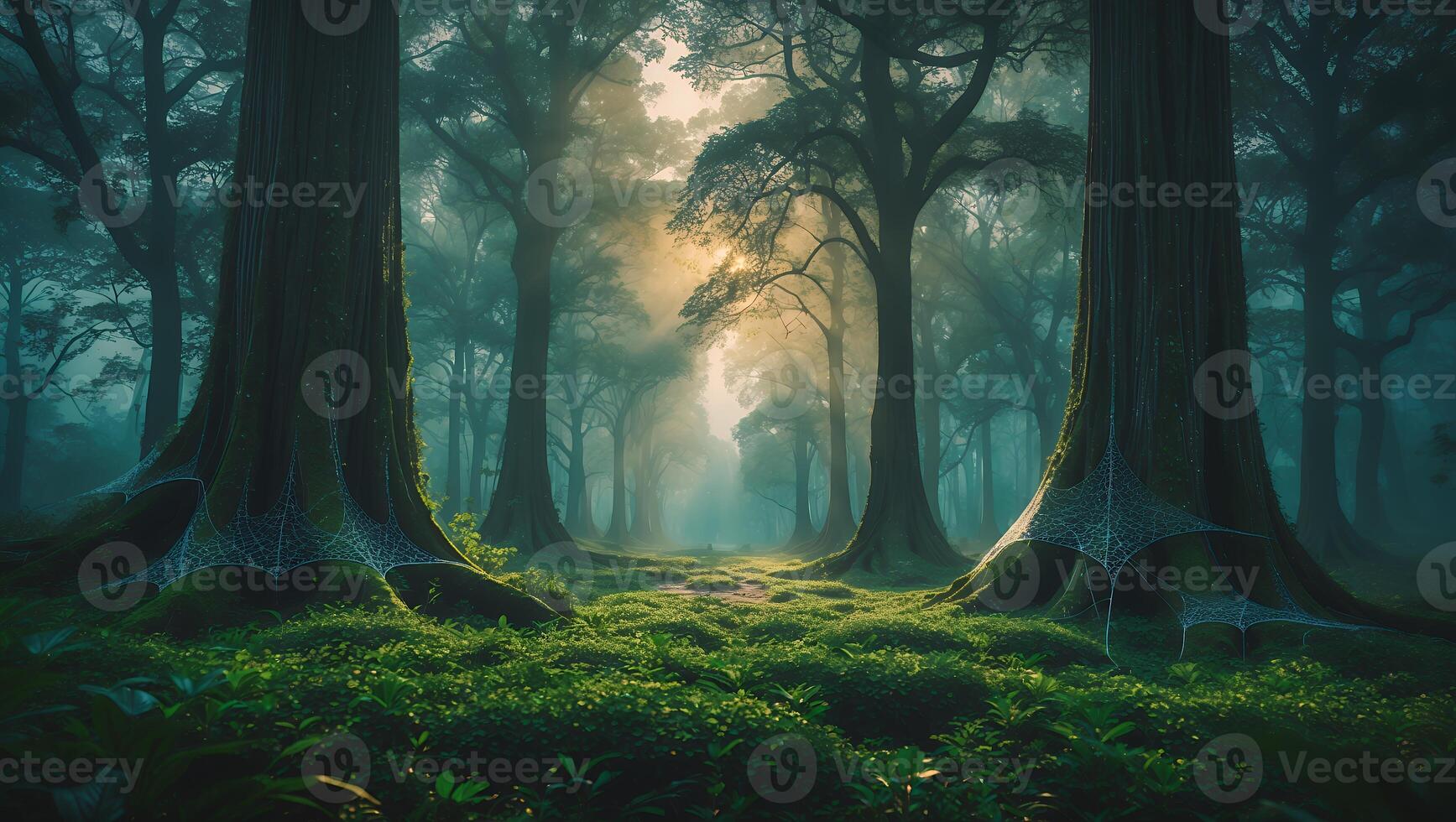 Enchanted forest with towering trees, misty atmosphere, and sunlight filtering through the foliage photo