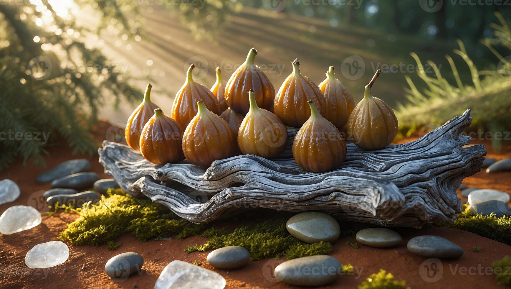 A beautifully arranged display of figs on a weathered log amidst a serene forest setting with sunlight photo