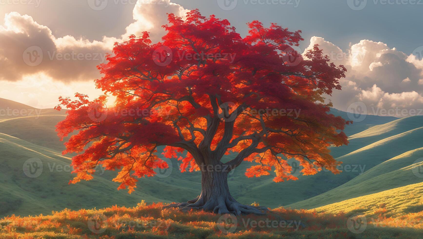 Vibrant autumn tree with red and orange leaves stands majestically on rolling green hills under a cloudy sky photo