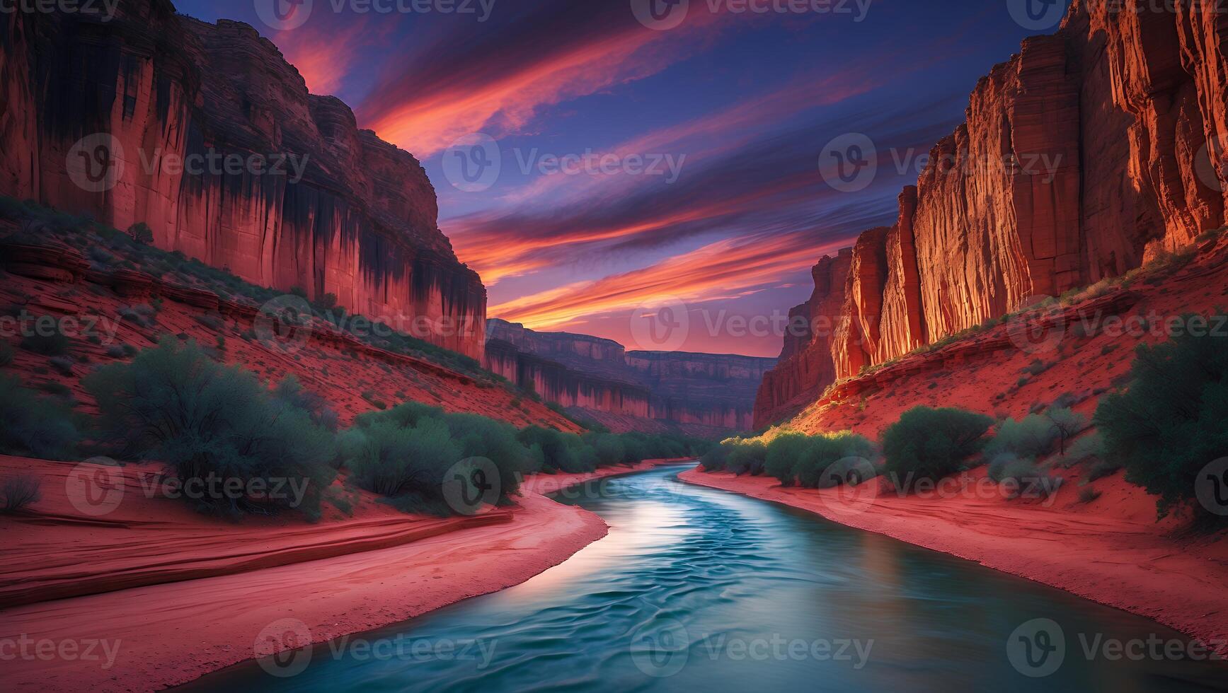Majestic sunset over a winding river in a canyon, with vibrant colors illuminating the cliffs photo