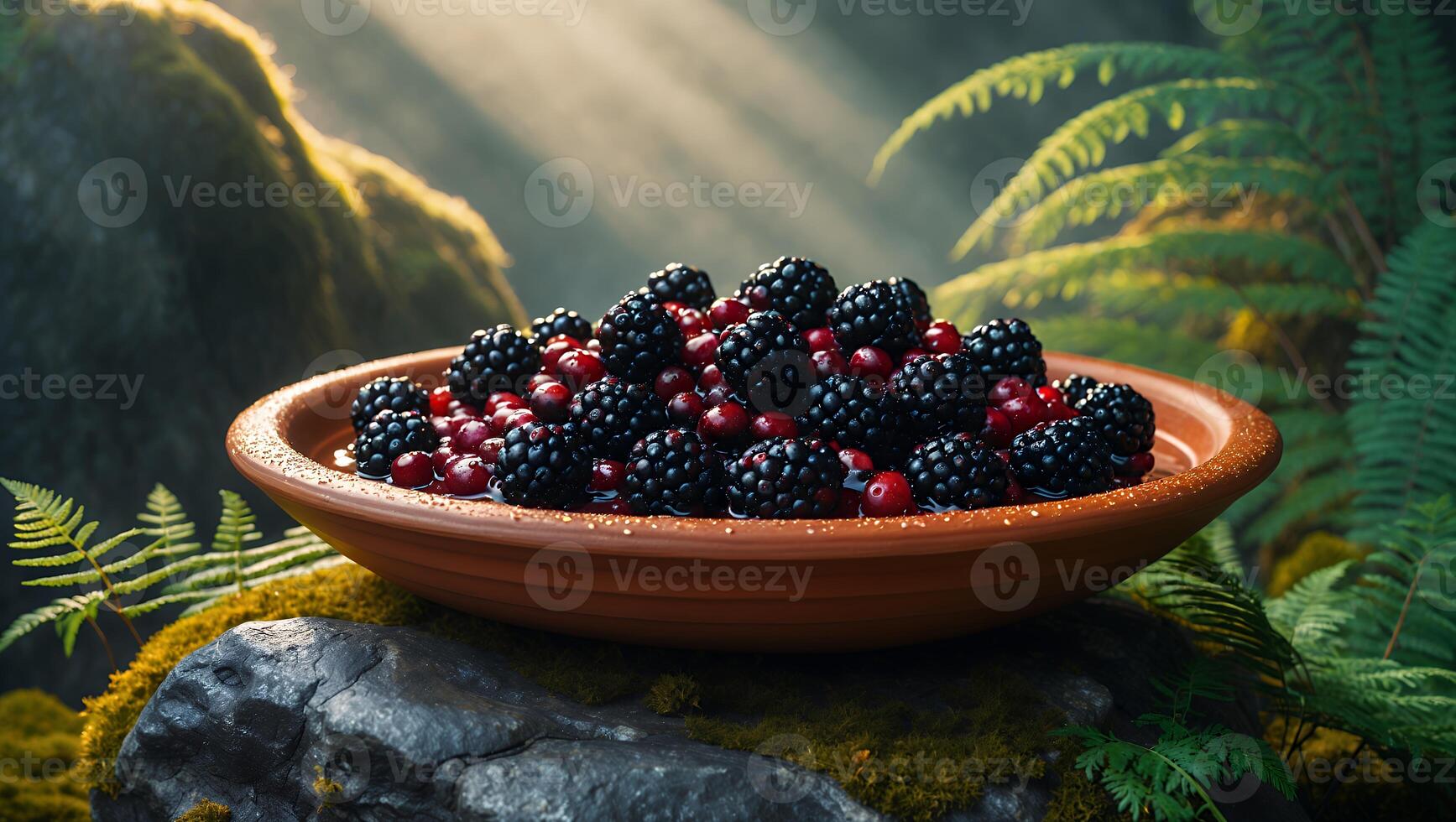 A vibrant bowl of blackberries and red berries resting on a moss-covered stone in a sunlit forest photo