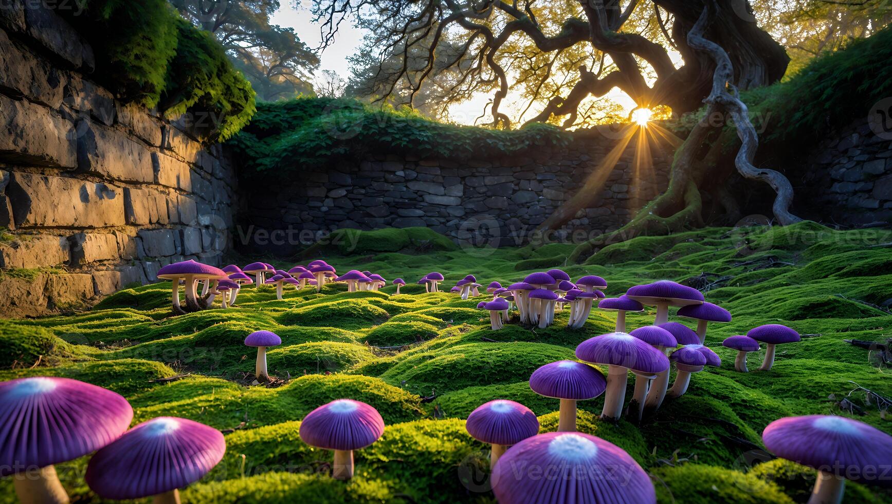 Enchanted forest scene with vibrant purple mushrooms growing in lush moss, illuminated by sunset rays photo