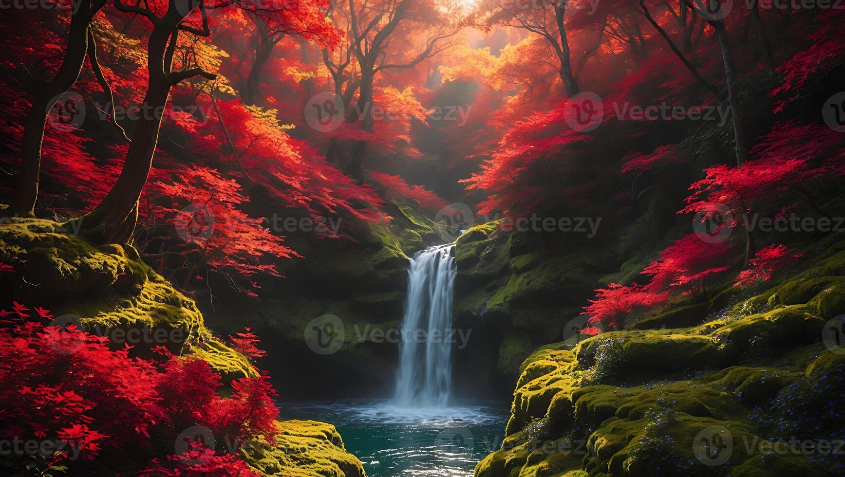 Serene waterfall cascading through vibrant autumn foliage in a tranquil forest setting photo