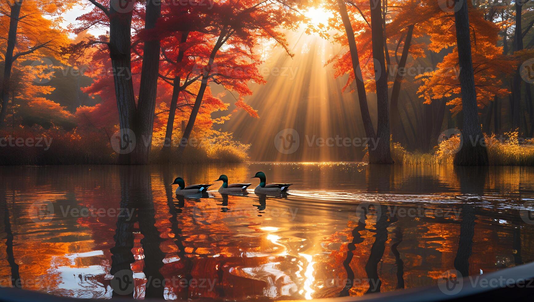 Tranquil autumn scene with ducks gliding across a serene lake surrounded by vibrant fall foliage photo