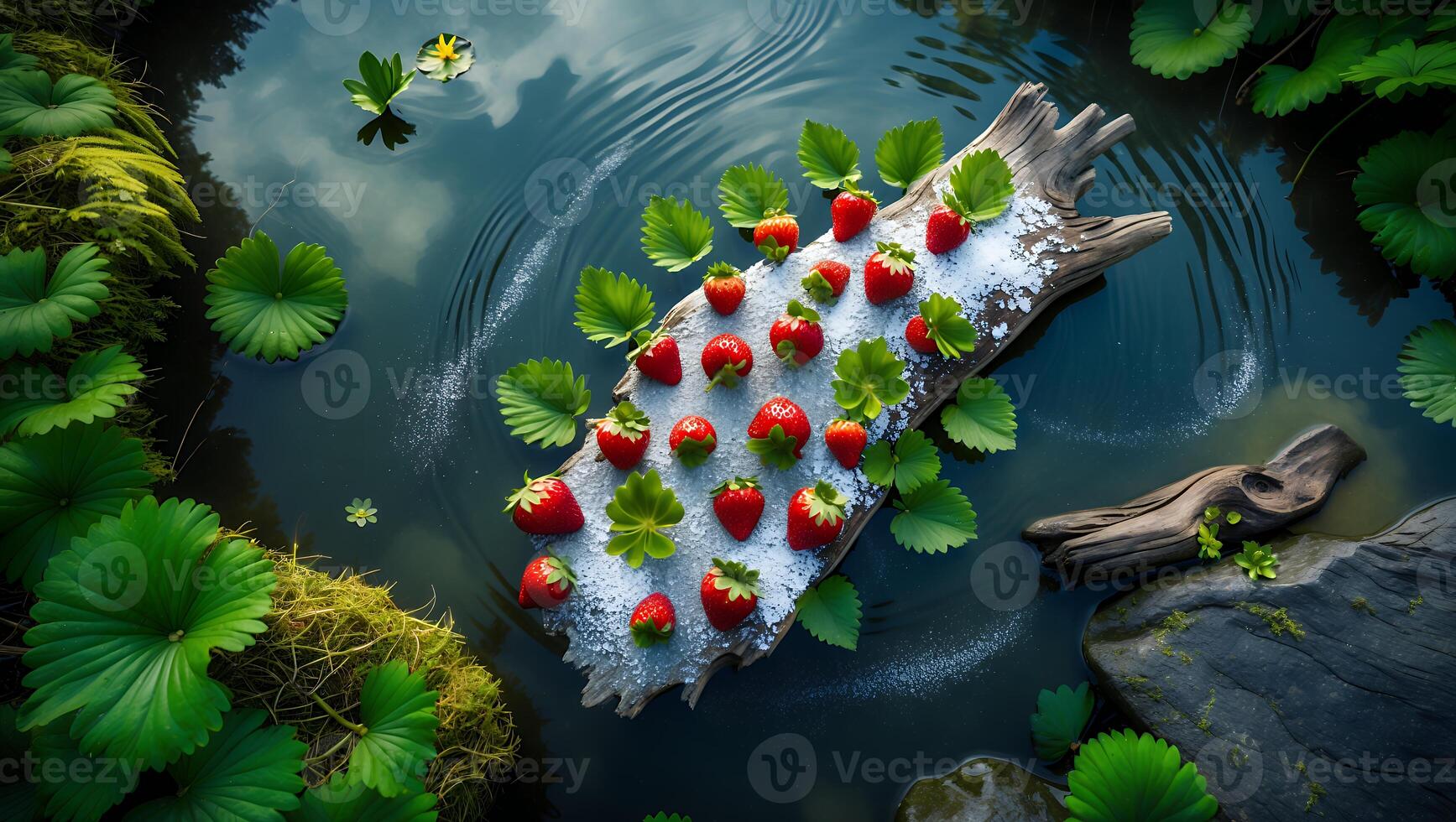 Fresh strawberries arranged on a log in a serene pond surrounded by lily pads and reflections photo