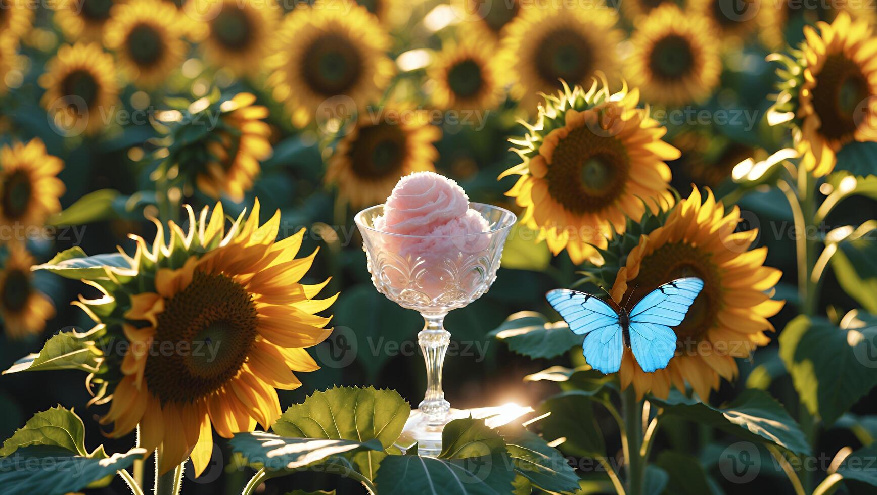 A vibrant scene featuring a glass bowl of pink ice cream surrounded by sunflowers and a blue butterfly photo