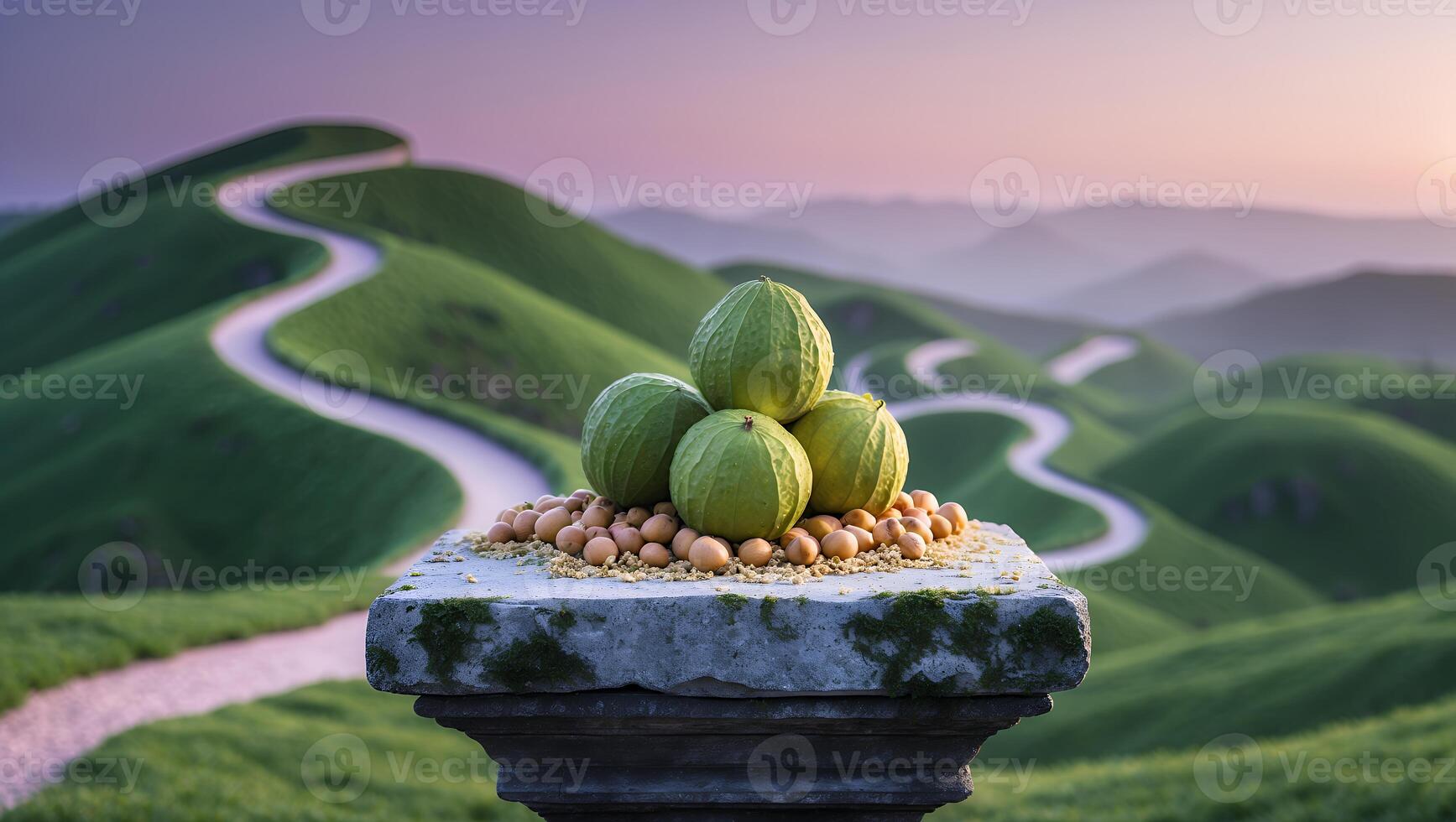 A serene landscape featuring a stone pedestal with melons and nuts, surrounded by rolling green hills at dusk photo
