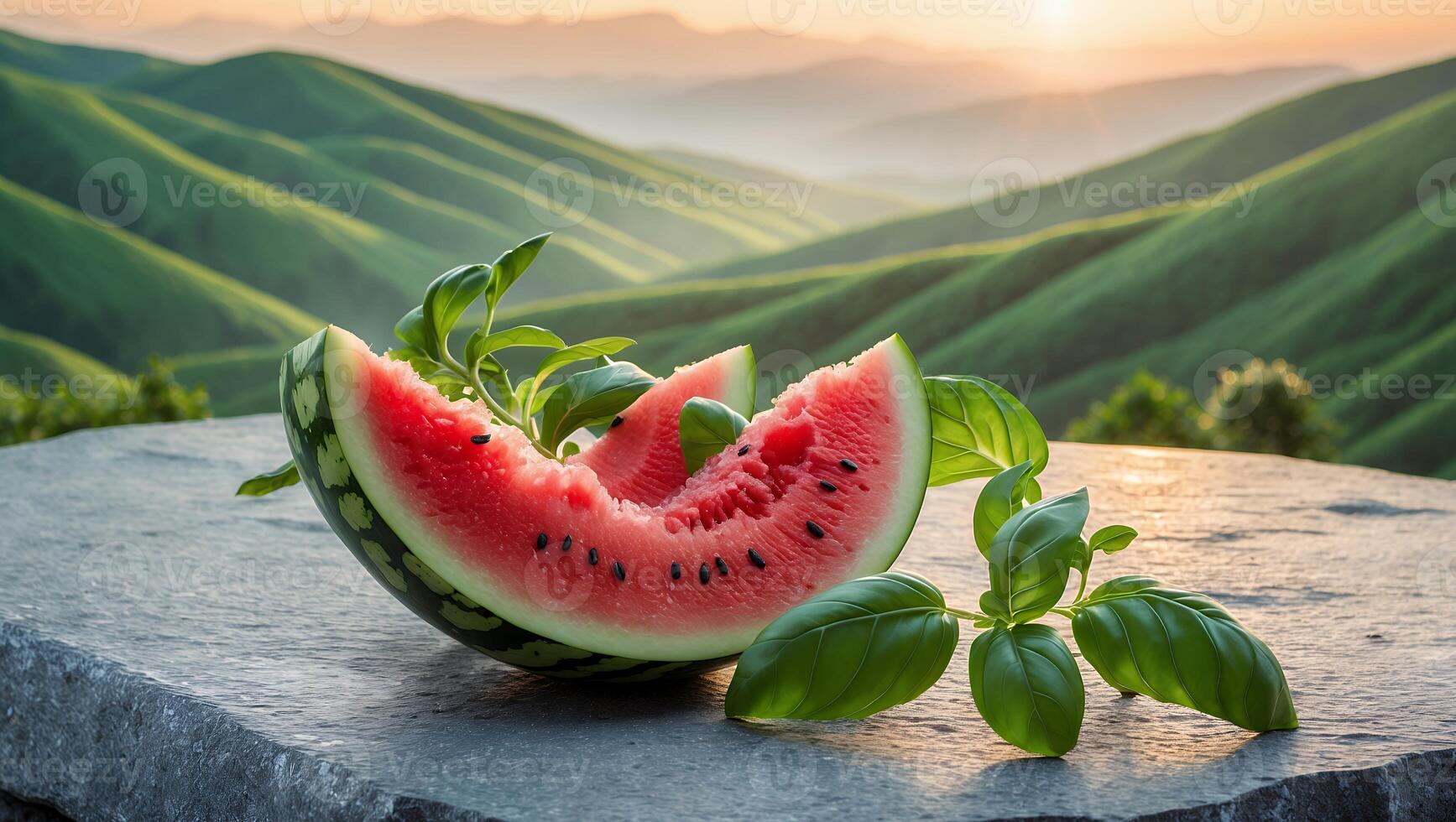 A vibrant watermelon slice rests on a stone surface, surrounded by fresh basil, with rolling hills at sunset photo