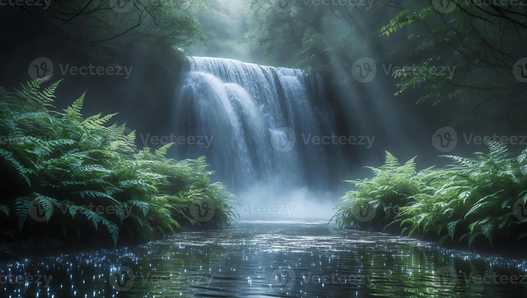 Serene waterfall cascading into a misty pool surrounded by lush ferns in a tranquil forest setting photo