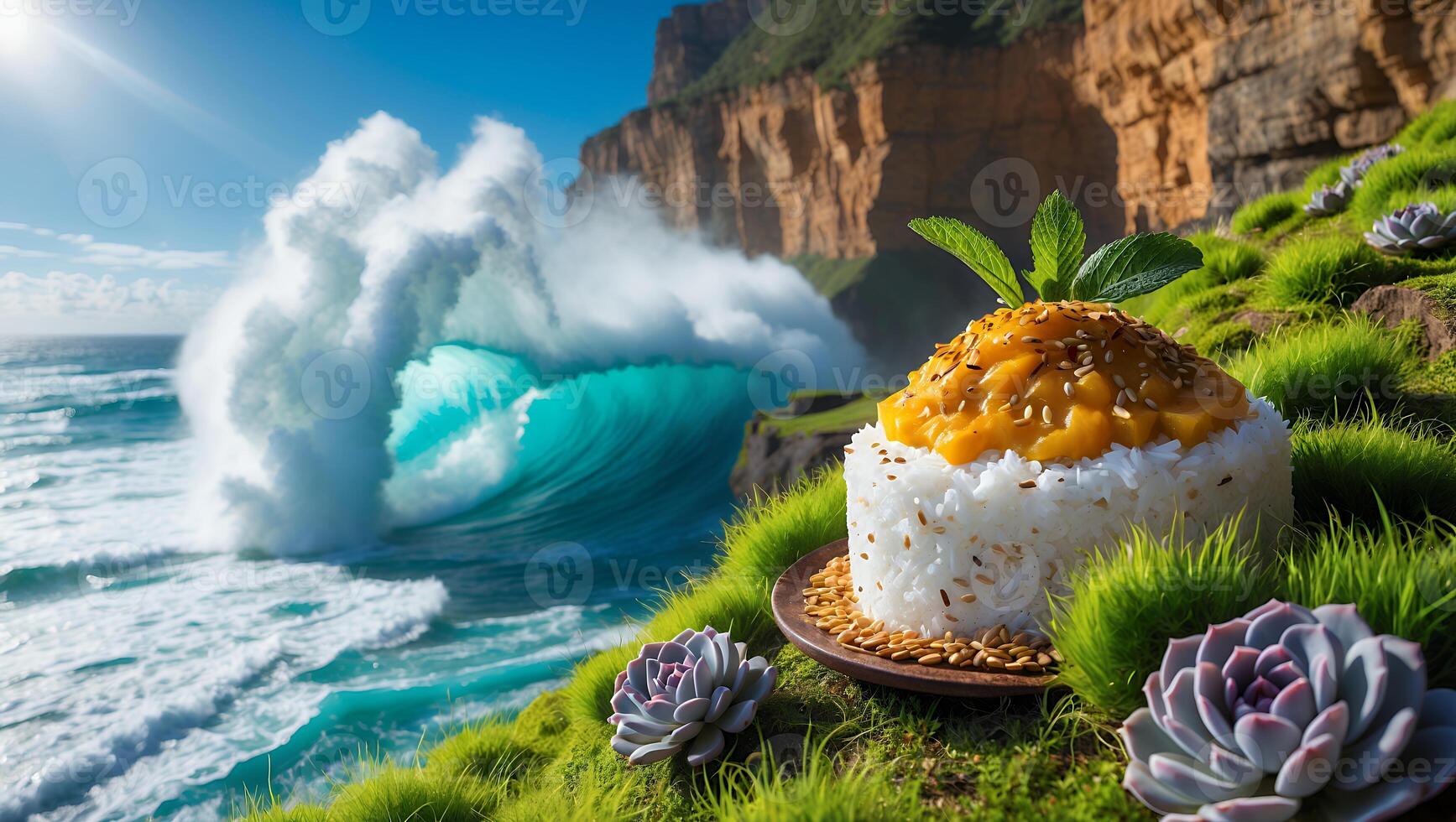 A vibrant sushi dish garnished with sesame and mint sits on a grassy cliff overlooking a crashing wave photo