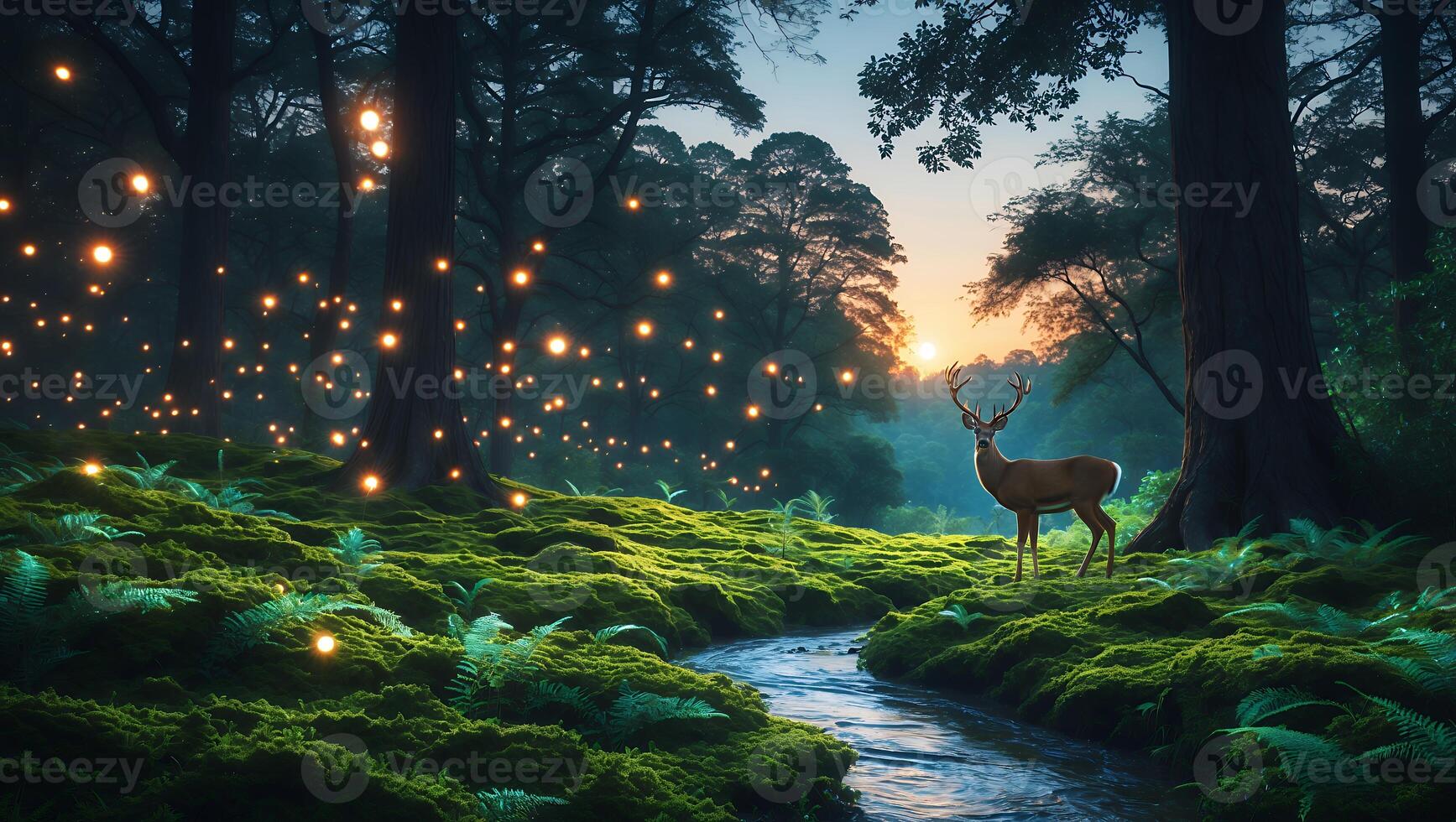Majestic deer standing in a lush forest at sunset, surrounded by glowing fireflies near a stream photo