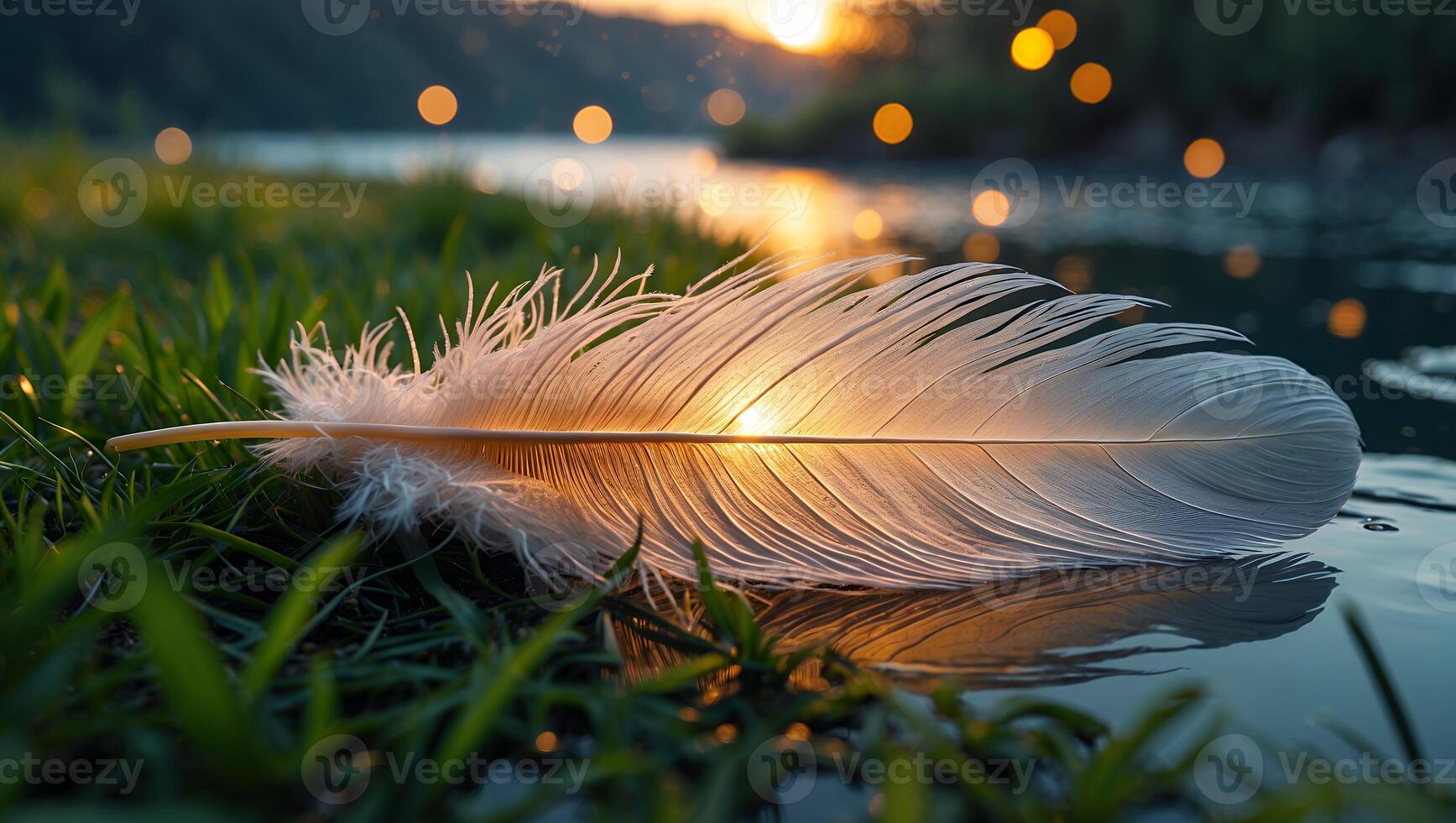 Serene sunset over a tranquil river, featuring a delicate feather resting on lush grass photo
